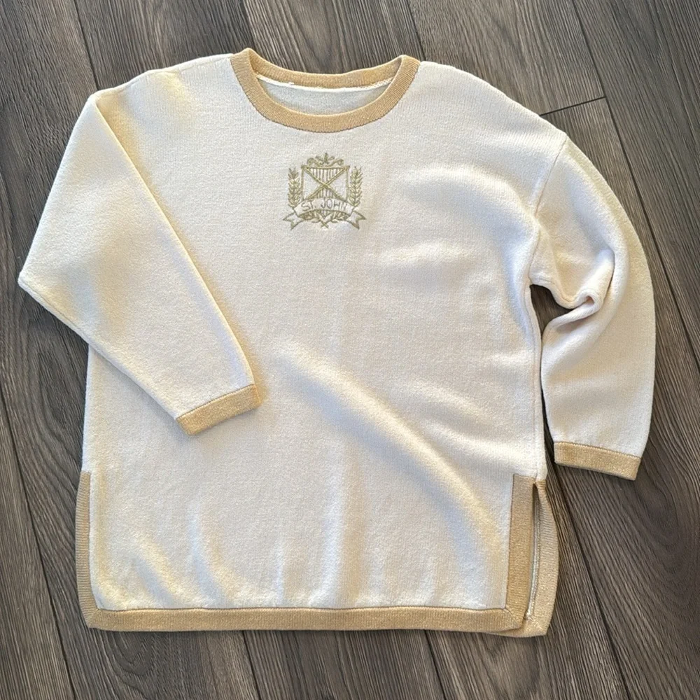 St John medium Santana Knit Sweater Cream Ivory with metallic gold crest